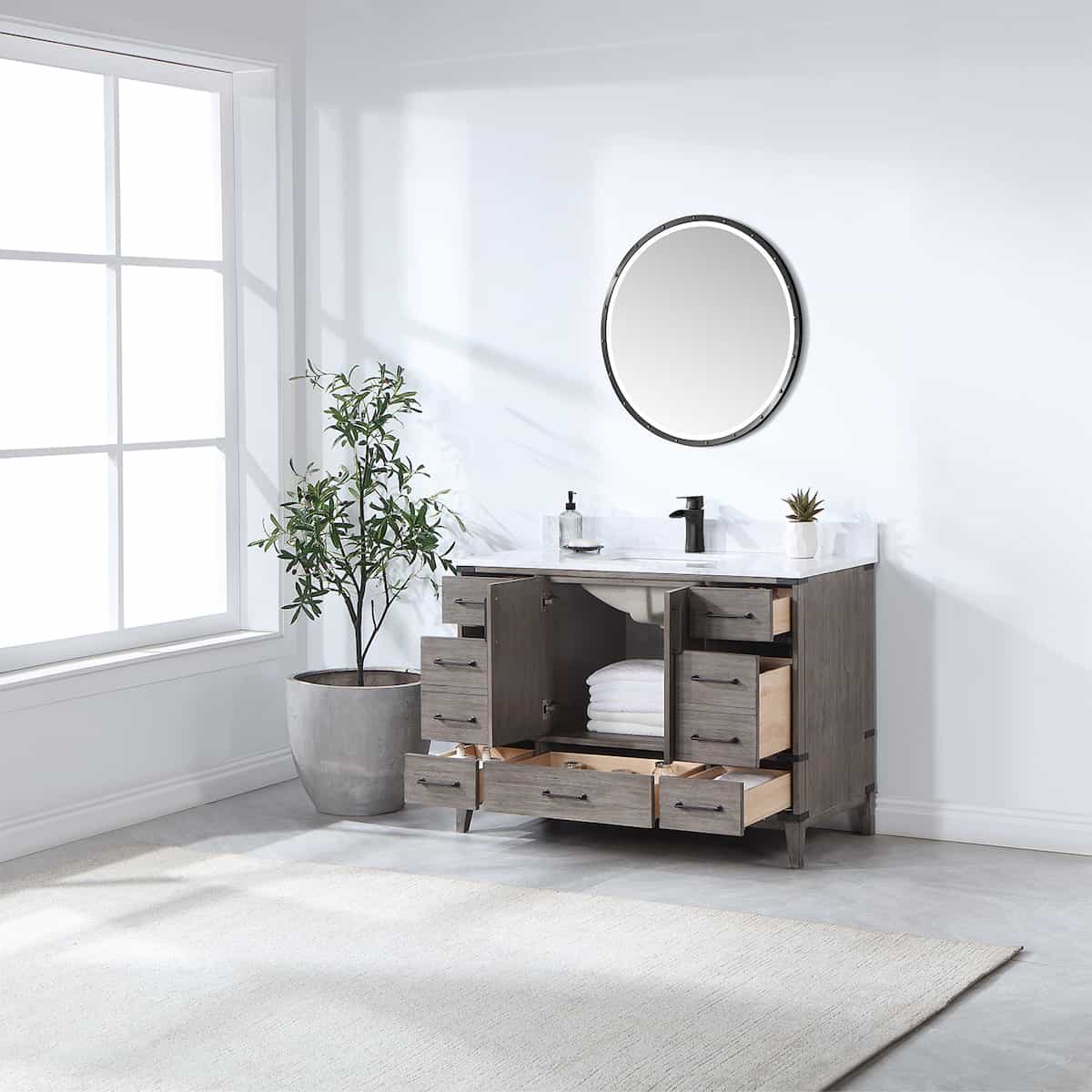 Vinnova Zaragoza 48 Inch Freestanding Single Sink Bath Vanity in Classical Grey with White Composite Grain Stone Countertop With Mirror Inside 799048-CR-GW