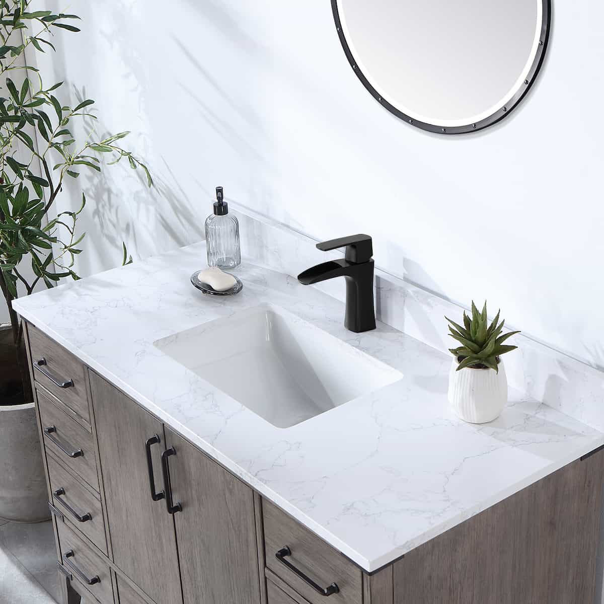 Vinnova Zaragoza 48 Inch Freestanding Single Sink Bath Vanity in Classical Grey with White Composite Grain Stone Countertop With Mirror Sink 799048-CR-GW