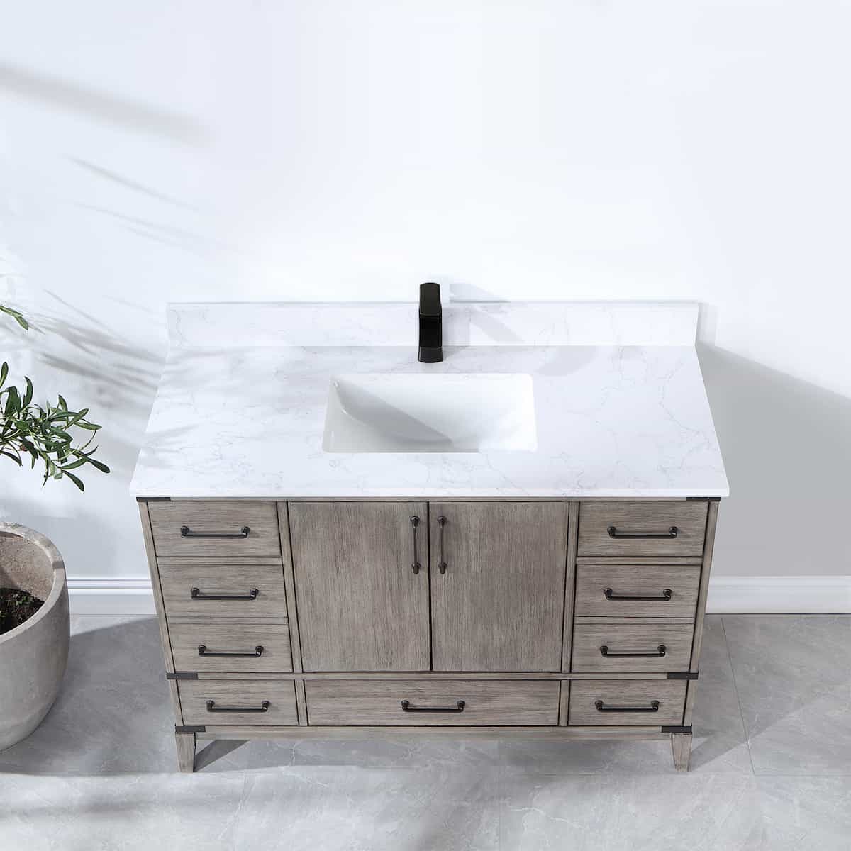 Vinnova Zaragoza 48 Inch Freestanding Single Sink Bath Vanity in Classical Grey with White Composite Grain Stone Countertop Without Mirror Counter 799048-CR-GW-NM