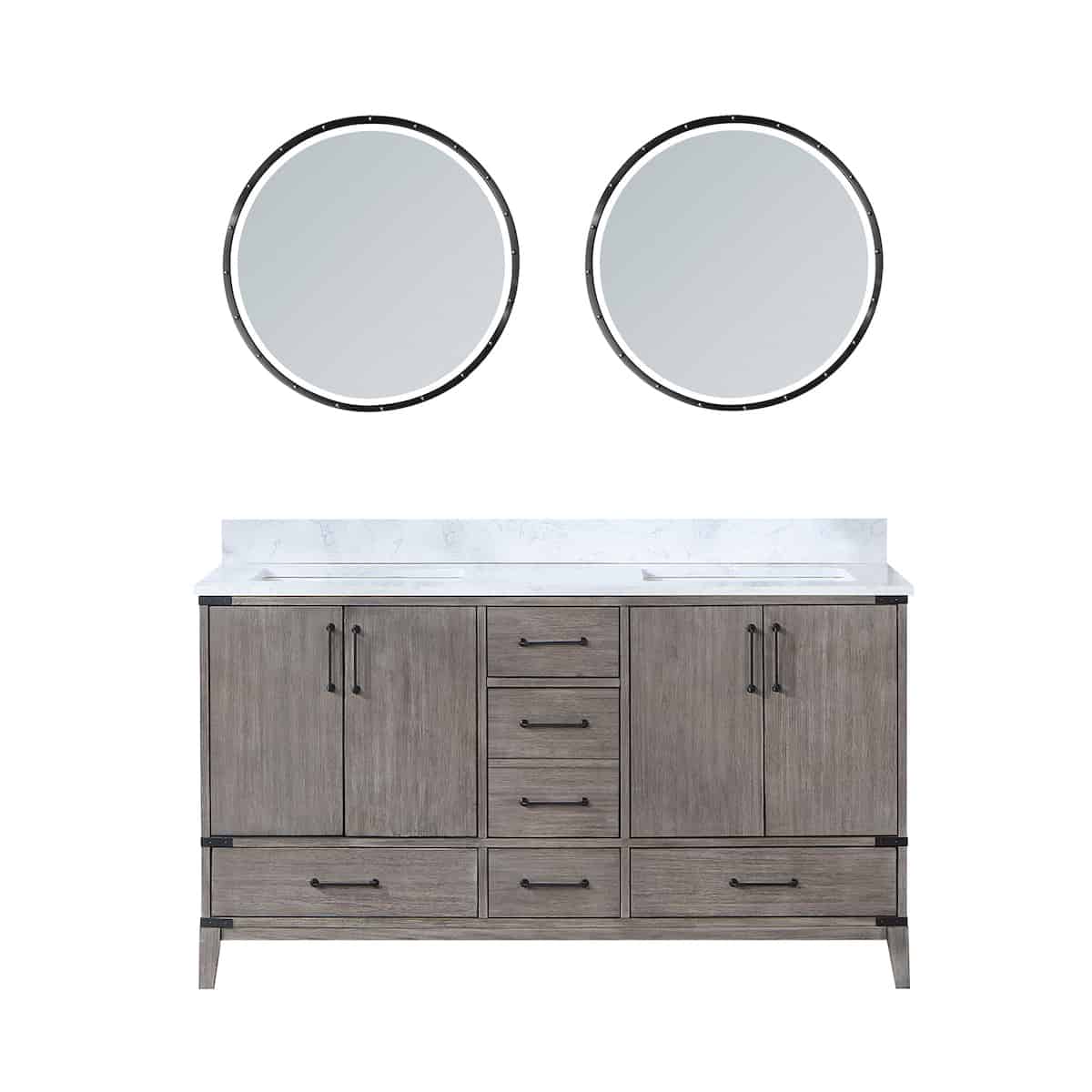 Vinnova Zaragoza 60 Inch Freestanding Double Sink Bath Vanity in Classical Grey With White Composite Grain Stone Countertop With Mirror 799060-CR-GW