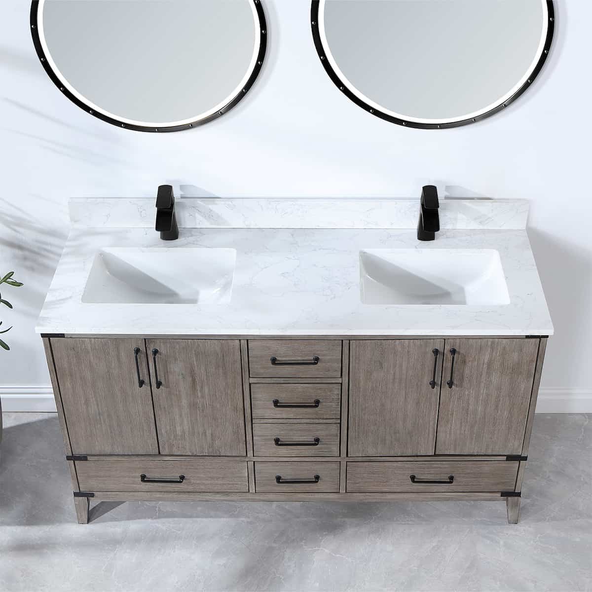 Vinnova Zaragoza 60 Inch Freestanding Double Sink Bath Vanity in Classical Grey With White Composite Grain Stone Countertop With Mirror Counter 799060-CR-GW