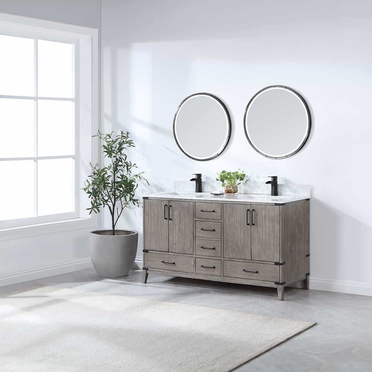 Vinnova Zaragoza 60 Inch Freestanding Double Sink Bath Vanity in Classical Grey With White Composite Grain Stone Countertop With Mirror Side 799060-CR-GW