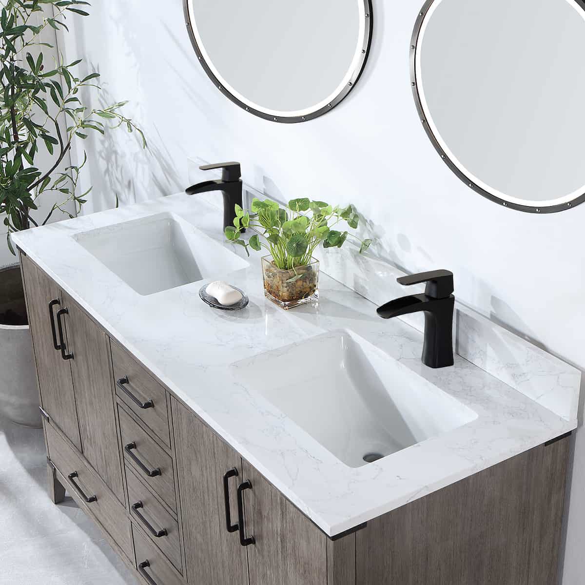 Vinnova Zaragoza 60 Inch Freestanding Double Sink Bath Vanity in Classical Grey With White Composite Grain Stone Countertop With Mirror Sinks 799060-CR-GW