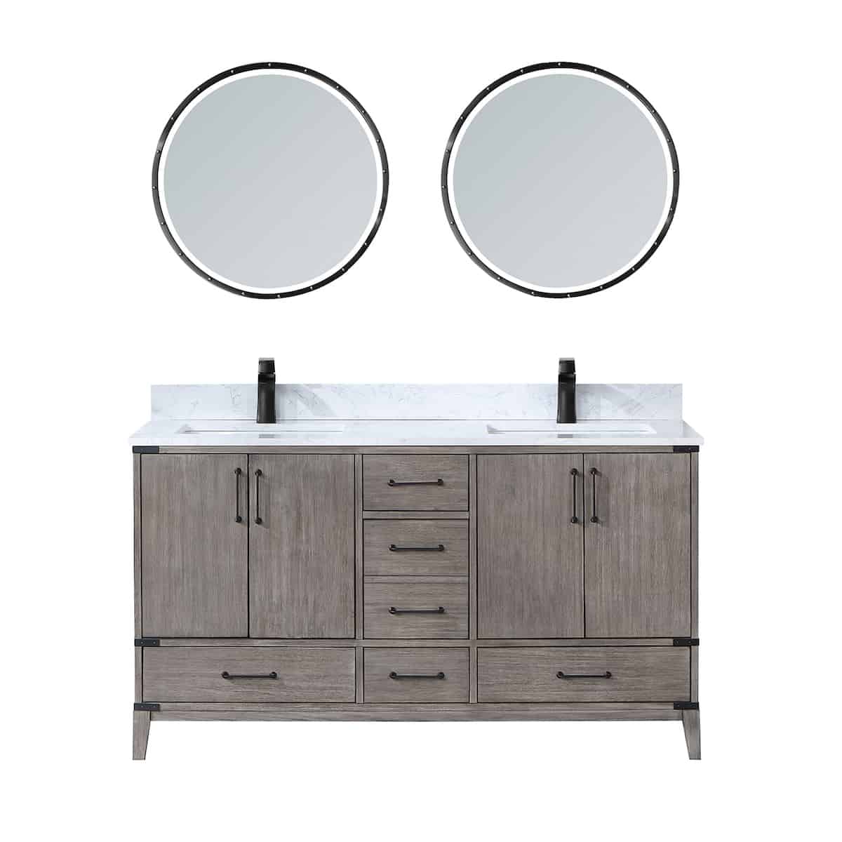 Vinnova Zaragoza 60 Inch Freestanding Double Sink Bath Vanity in Classical Grey With White Composite Grain Stone Countertop With Mirror 799060-CR-GW
