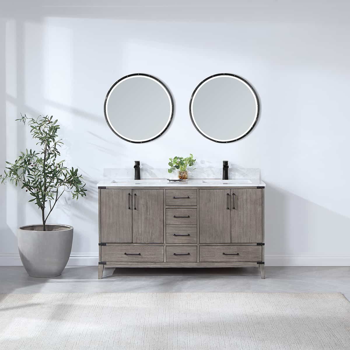Vinnova Zaragoza 60 Inch Freestanding Double Sink Bath Vanity in Classical Grey With White Composite Grain Stone Countertop With Mirror in Bathroom 799060-CR-GW