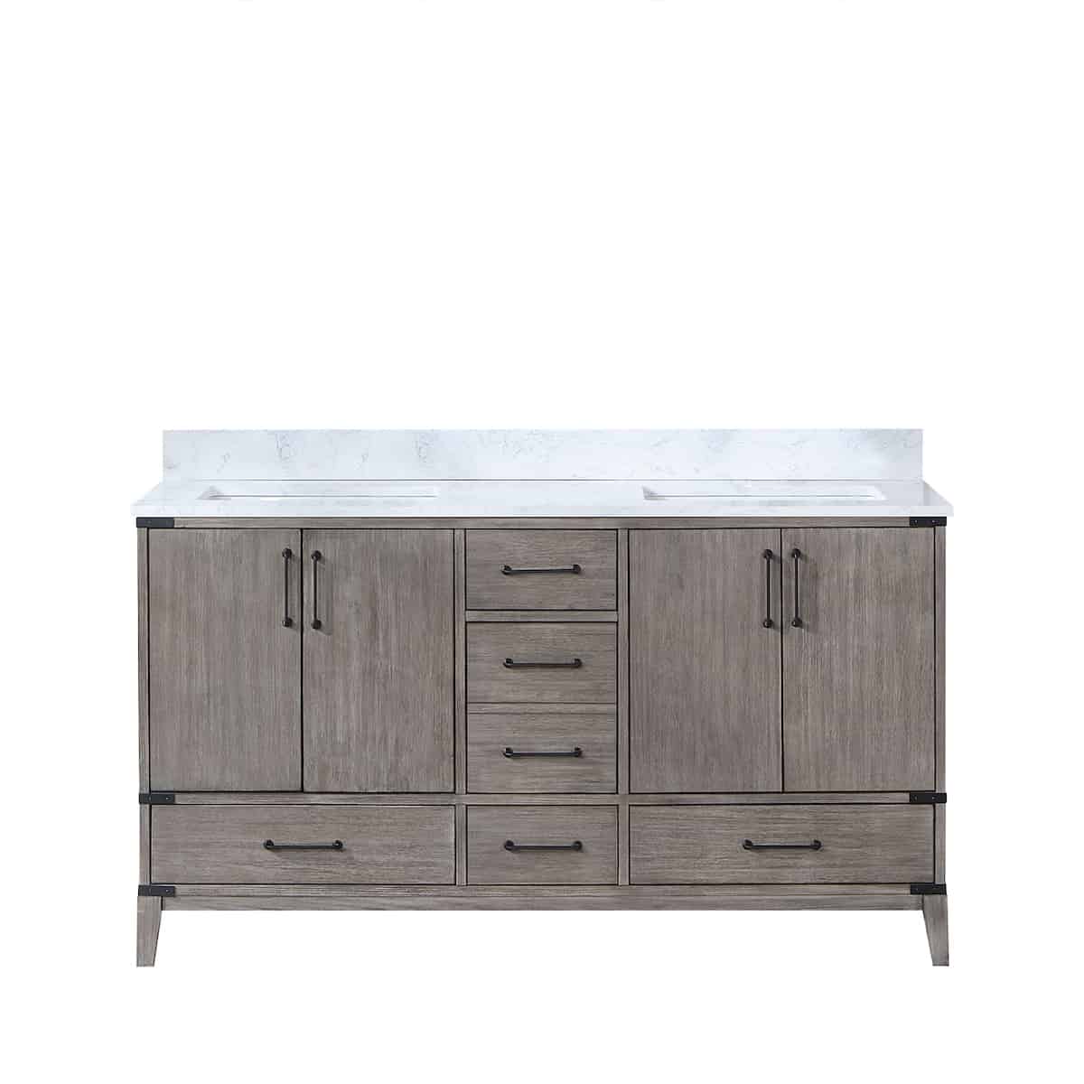 Vinnova Zaragoza 60 Inch Freestanding Double Sink Bath Vanity in Classical Grey With White Composite Grain Stone Countertop Without Mirror 799060-CR-GW-NM