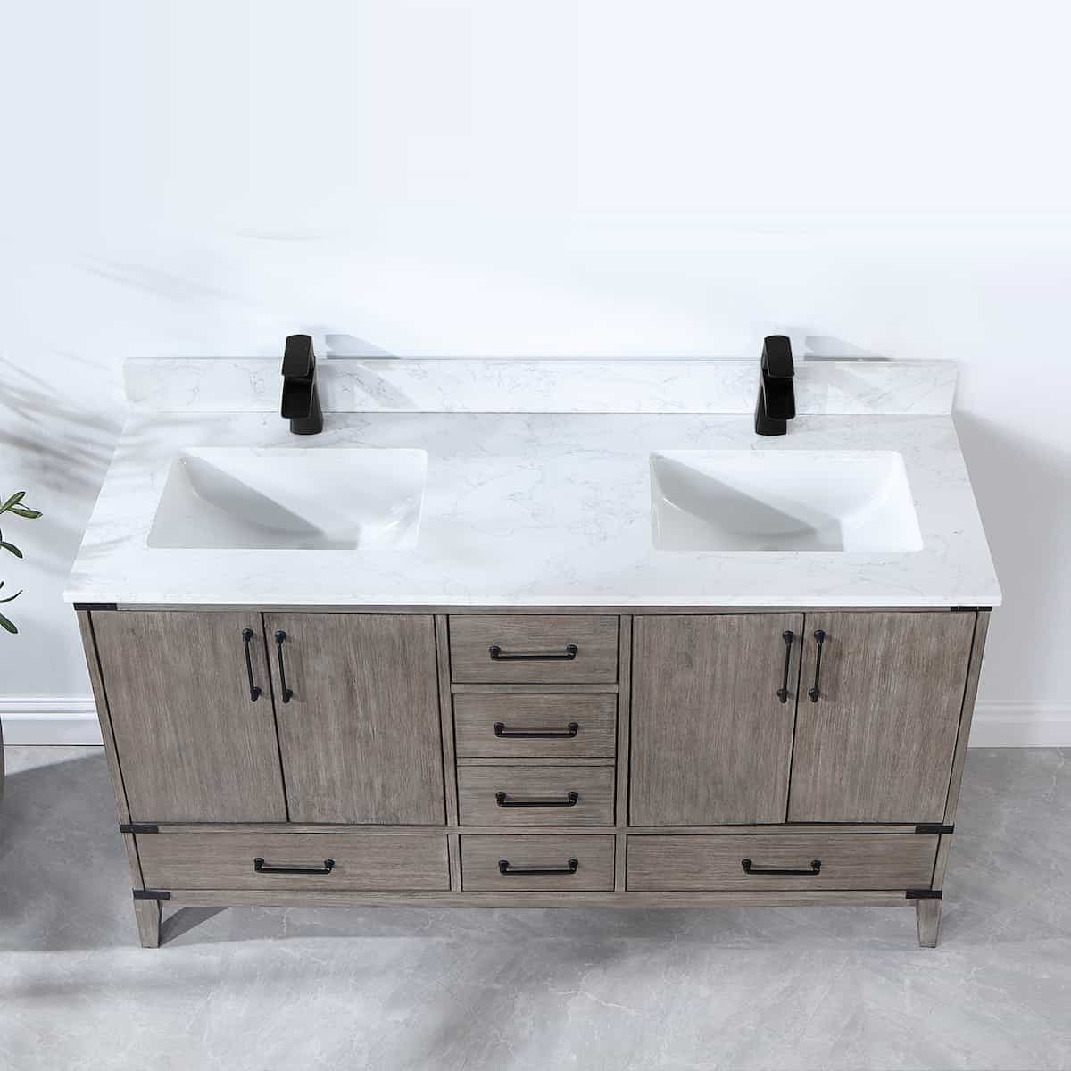Vinnova Zaragoza 60 Inch Freestanding Double Sink Bath Vanity in Classical Grey With White Composite Grain Stone Countertop Without Mirror Counter 799060-CR-GW-NM