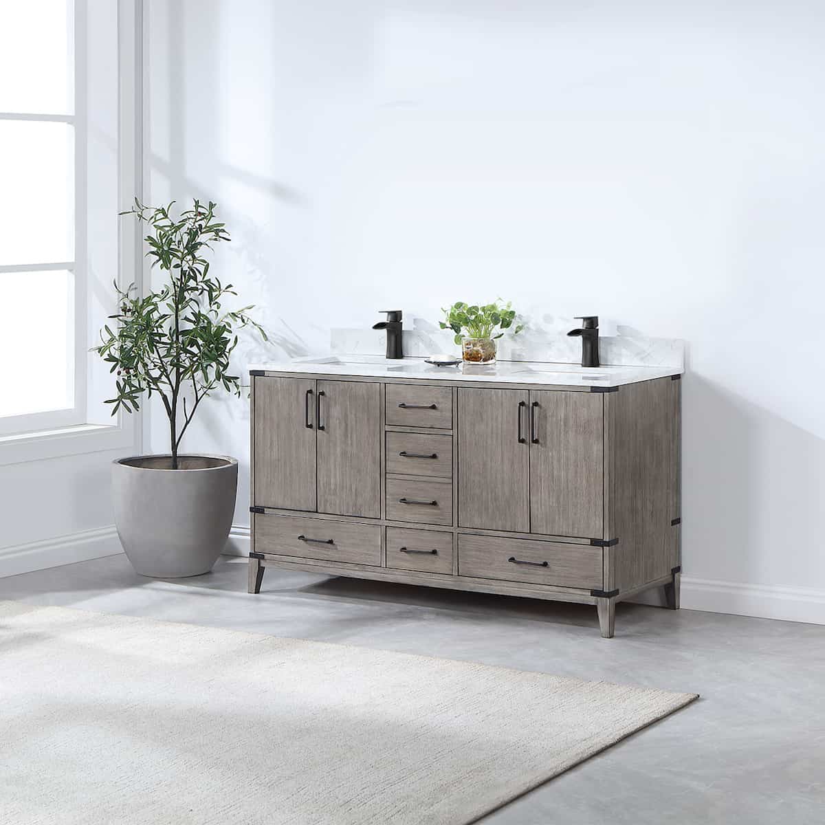 Vinnova Zaragoza 60 Inch Freestanding Double Sink Bath Vanity in Classical Grey With White Composite Grain Stone Countertop Without Mirror Side 799060-CR-GW-NM