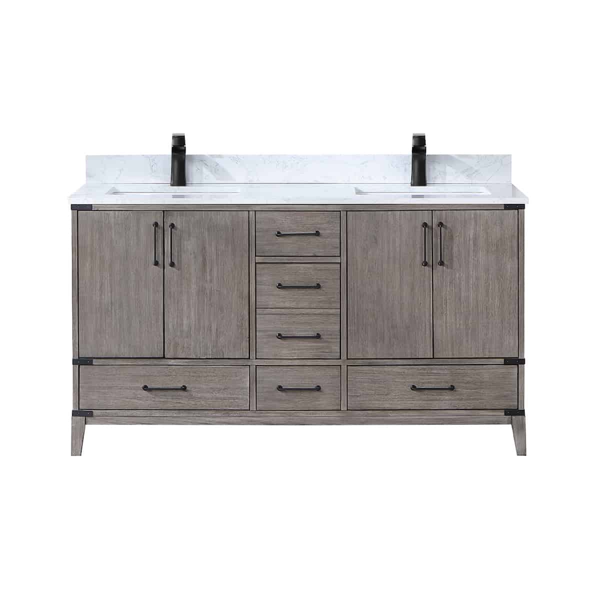 Vinnova Zaragoza 60 Inch Freestanding Double Sink Bath Vanity in Classical Grey With White Composite Grain Stone Countertop Without Mirror 799060-CR-GW-NM