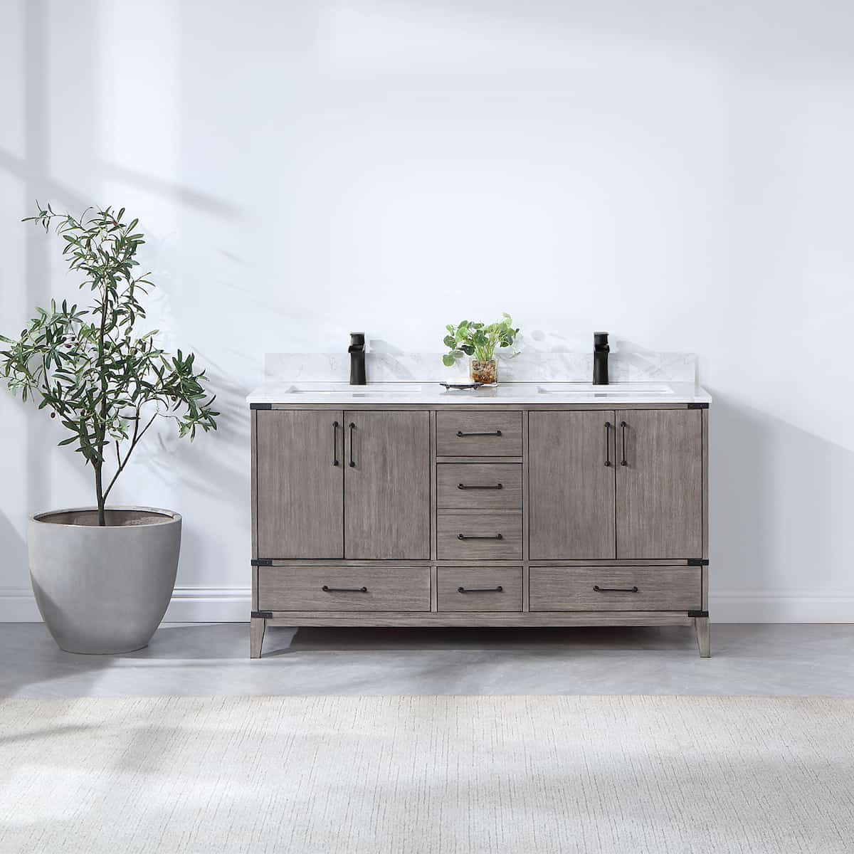 Vinnova Zaragoza 60 Inch Freestanding Double Sink Bath Vanity in Classical Grey With White Composite Grain Stone Countertop Without Mirror in Bathroom 799060-CR-GW-NM