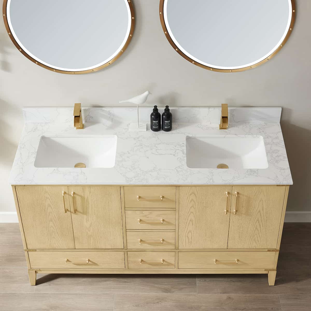 Vinnova Zaragoza 60 Inch Freestanding Double Vanity in Washed Ash with White Composite Grain Stone Countertop With Mirrors Counter 799060-WA-GW