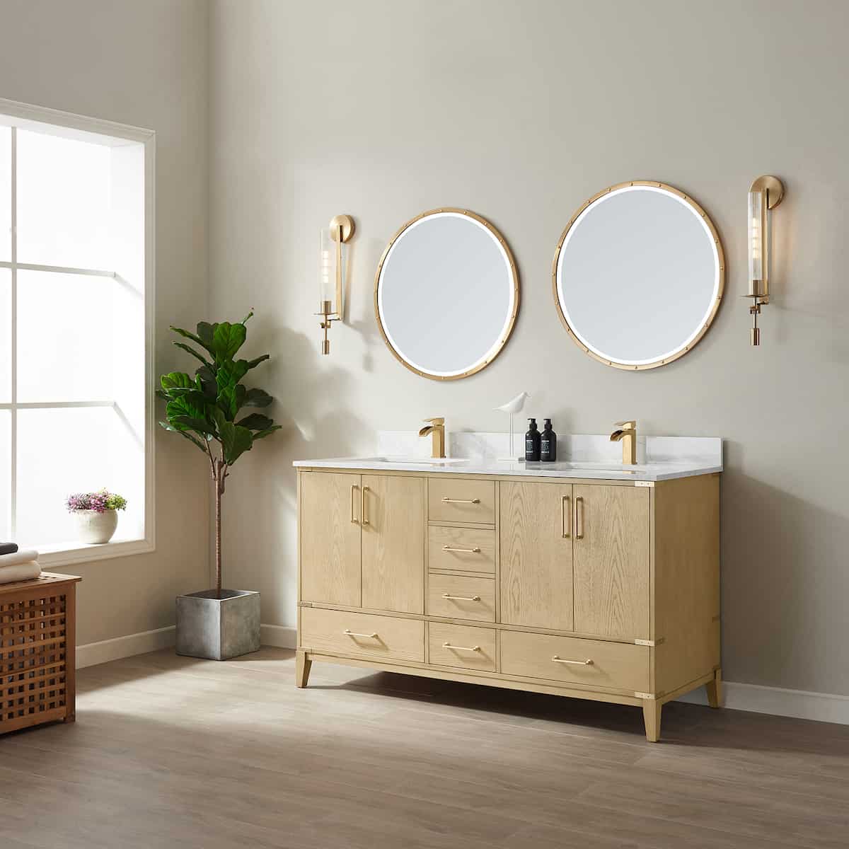 Vinnova Zaragoza 60 Inch Freestanding Double Vanity in Washed Ash with White Composite Grain Stone Countertop With Mirrors Side 799060-WA-GW