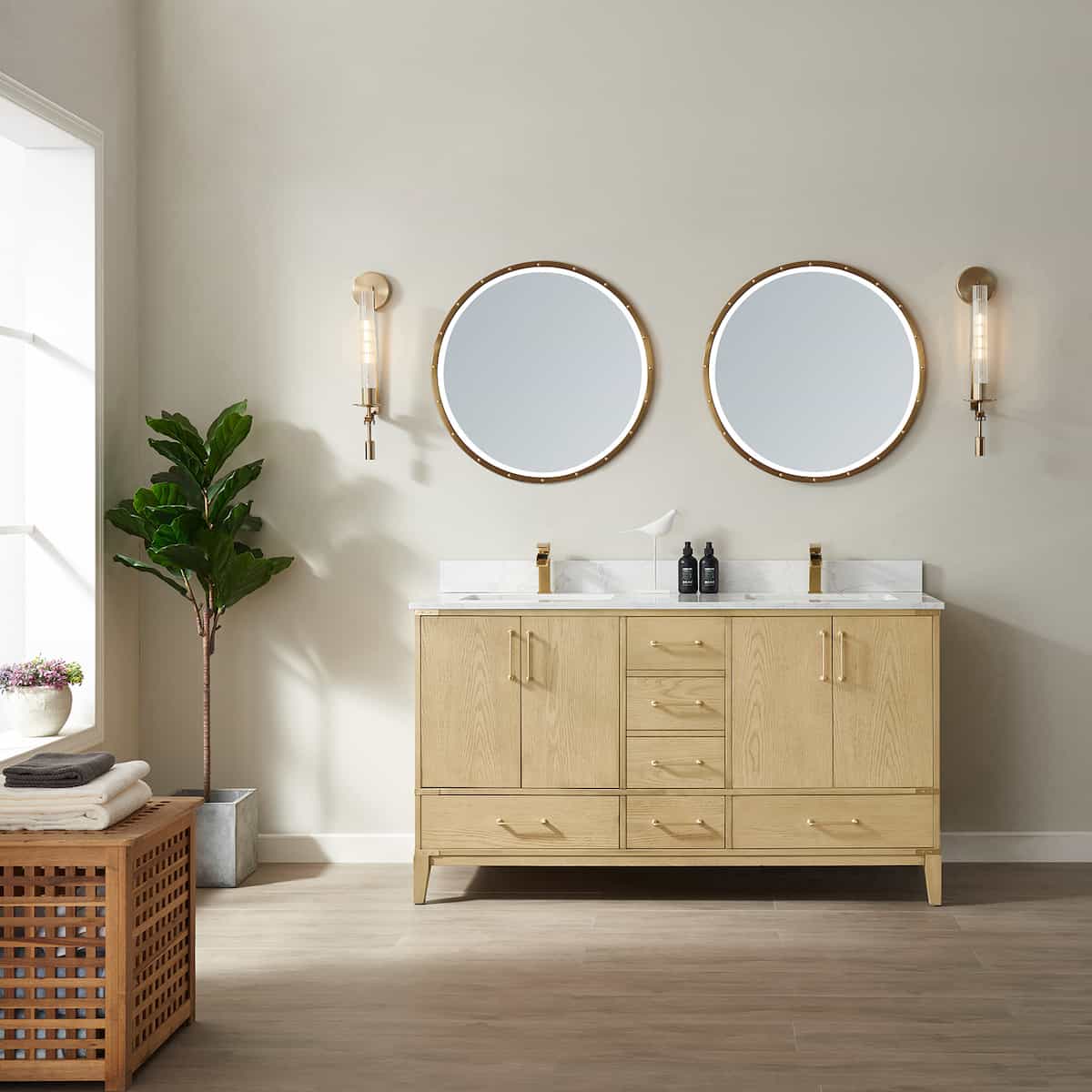 Vinnova Zaragoza 60 Inch Freestanding Double Vanity in Washed Ash with White Composite Grain Stone Countertop With Mirrors in Bathroom 799060-WA-GW
