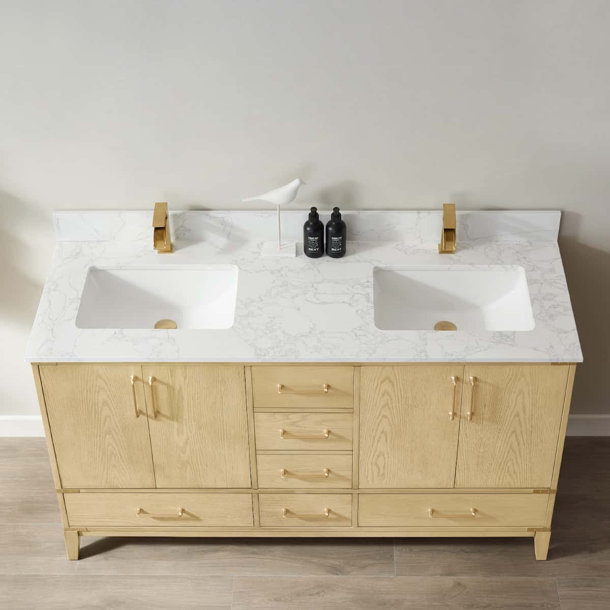 Vinnova Zaragoza 60 Inch Freestanding Double Vanity in Washed Ash with White Composite Grain Stone Countertop Without Mirror Counter Top 799060-WA-GW-NM