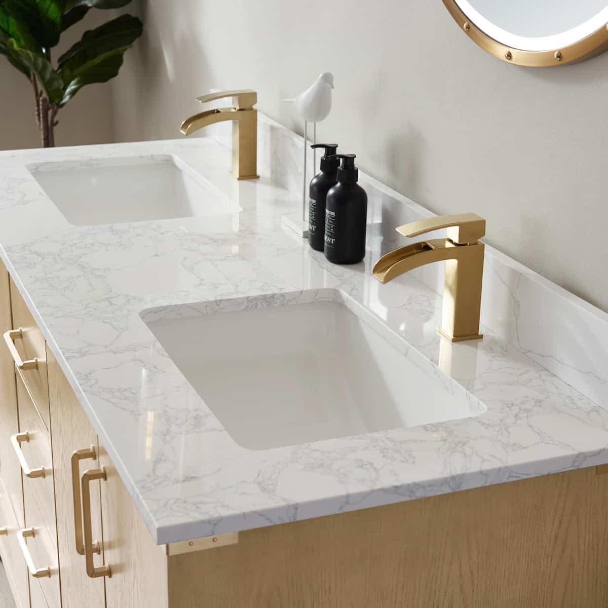 Vinnova Zaragoza 60 Inch Freestanding Double Vanity in Washed Ash with White Composite Grain Stone Countertop Without Mirror Sinks 799060-WA-GW-NM