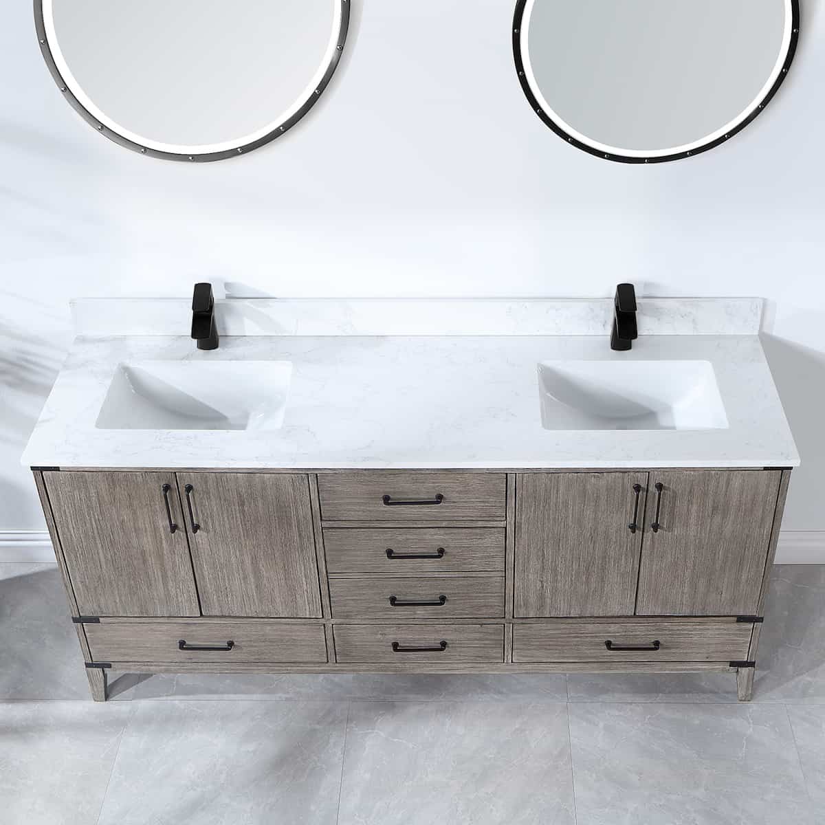 Vinnova Zaragoza 72 Inch Freestanding Double Sink Bath Vanity in Classical Grey With White Composite Grain Stone Countertop With Mirrors Counter 799072-CR-GW