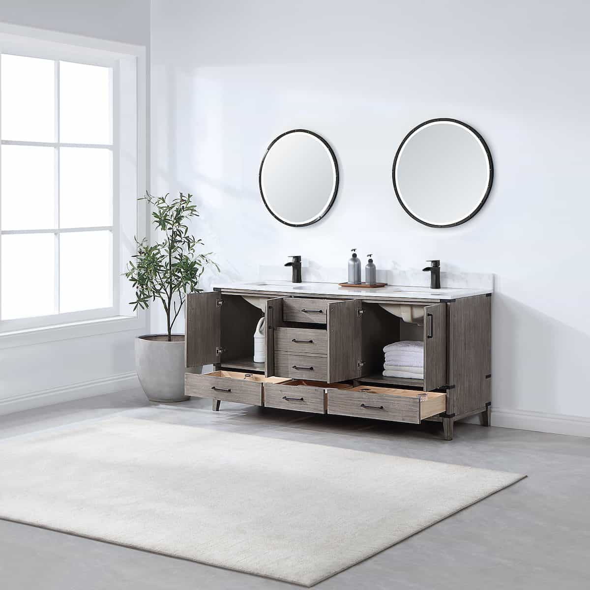 Vinnova Zaragoza 72 Inch Freestanding Double Sink Bath Vanity in Classical Grey With White Composite Grain Stone Countertop With Mirrors Inside 799072-CR-GW