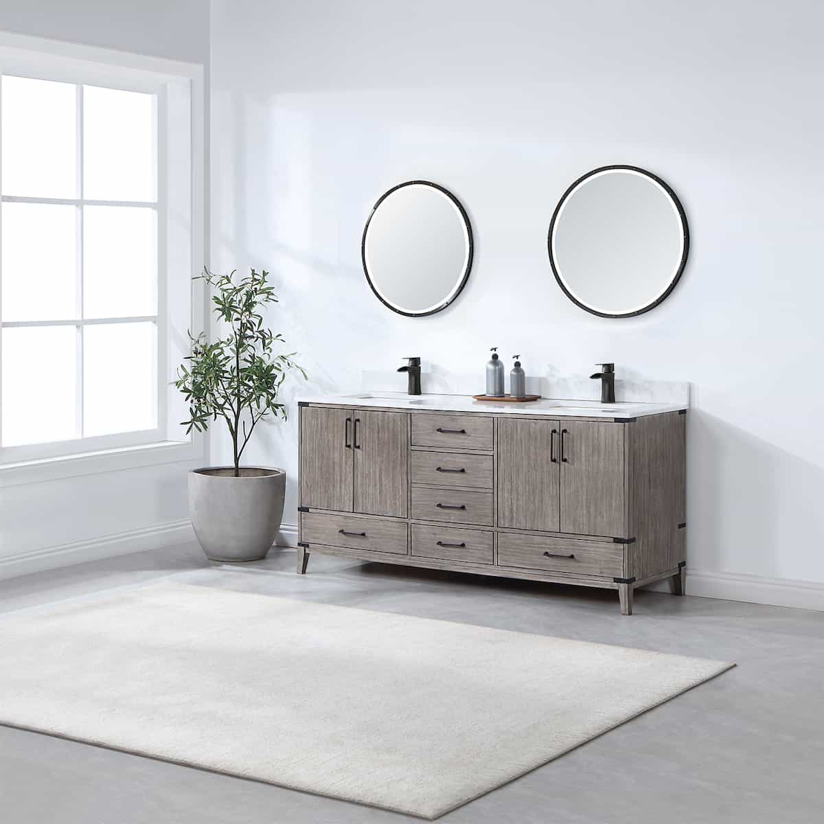 Vinnova Zaragoza 72 Inch Freestanding Double Sink Bath Vanity in Classical Grey With White Composite Grain Stone Countertop With Mirrors Side 799072-CR-GW