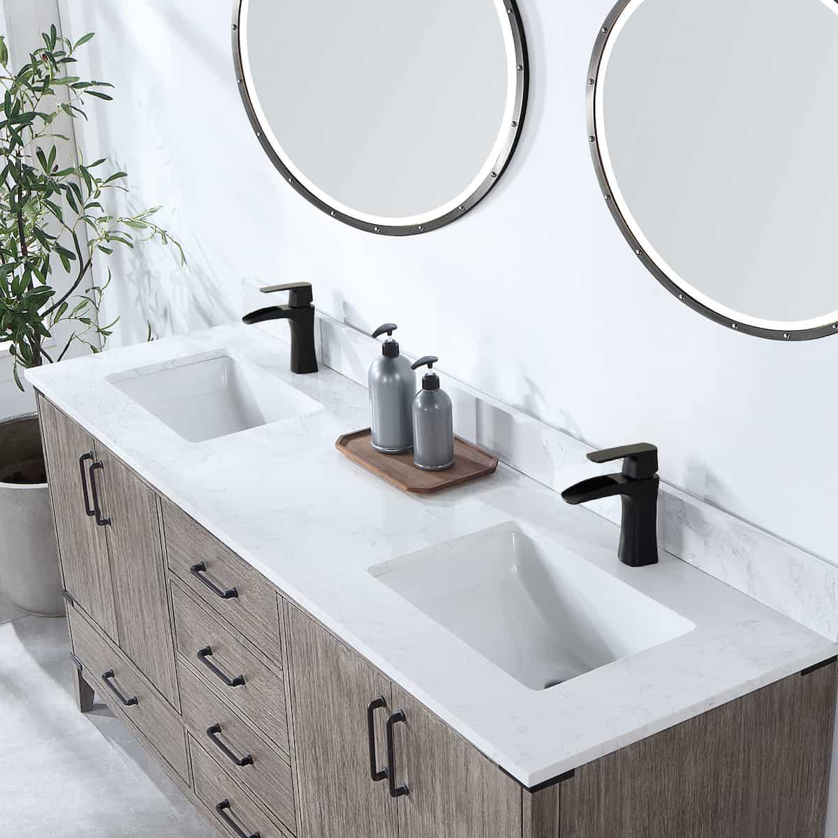 Vinnova Zaragoza 72 Inch Freestanding Double Sink Bath Vanity in Classical Grey With White Composite Grain Stone Countertop With Mirrors Sinks 799072-CR-GW