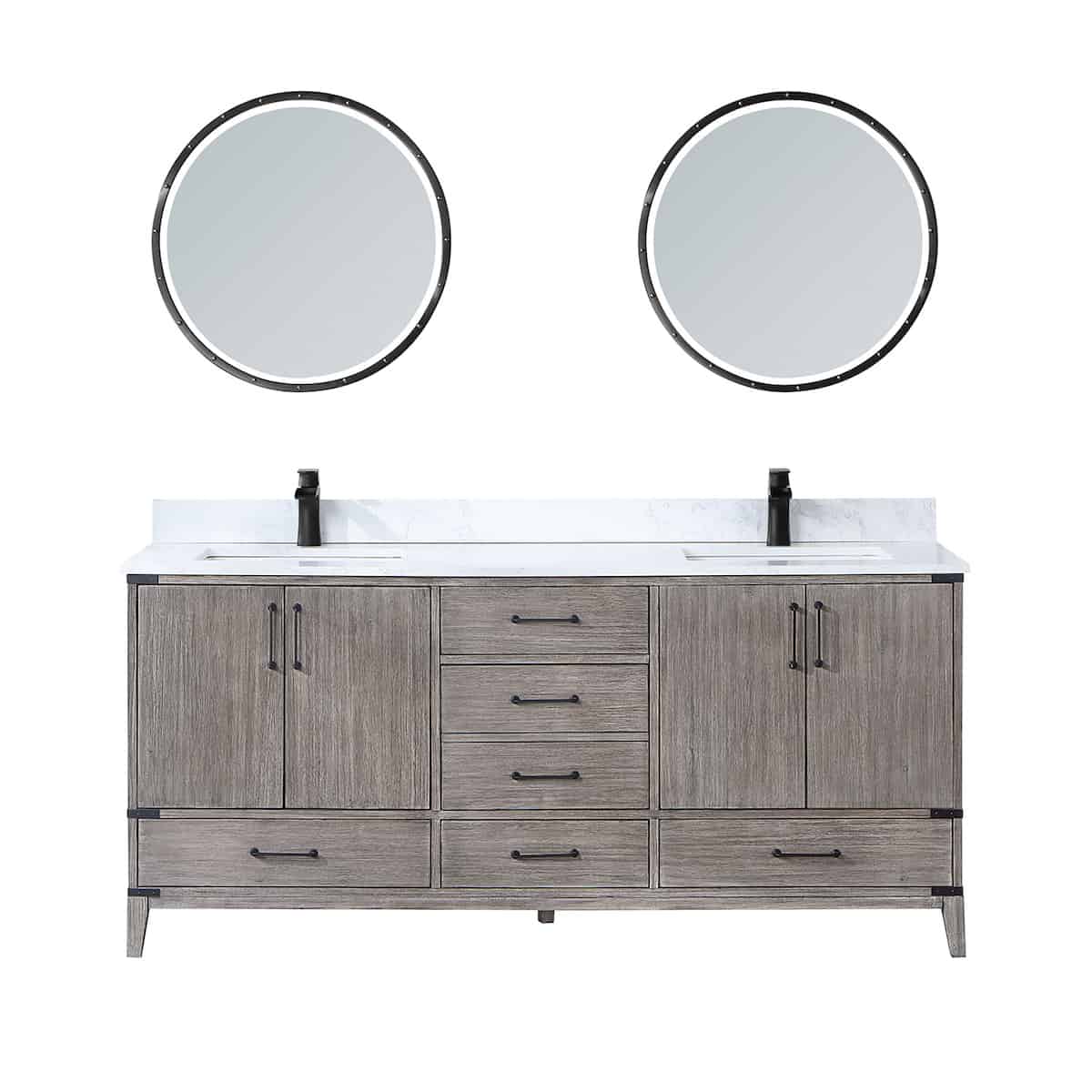 Vinnova Zaragoza 72 Inch Freestanding Double Sink Bath Vanity in Classical Grey With White Composite Grain Stone Countertop With Mirrors 799072-CR-GW