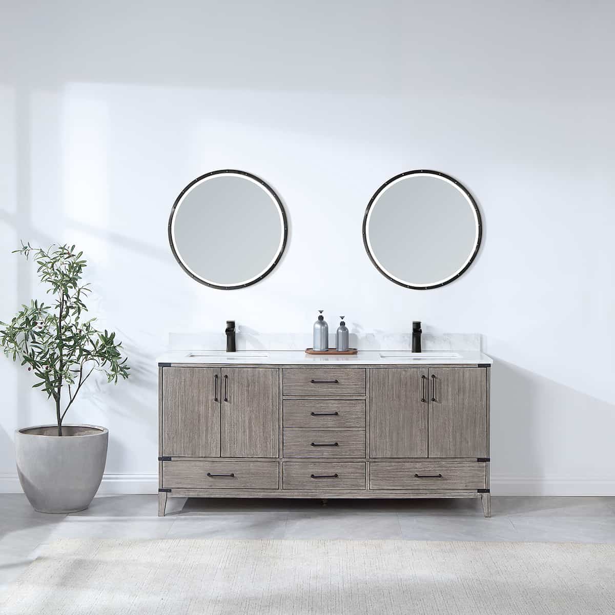 Vinnova Zaragoza 72 Inch Freestanding Double Sink Bath Vanity in Classical Grey With White Composite Grain Stone Countertop With Mirrors in Bathroom 799072-CR-GW