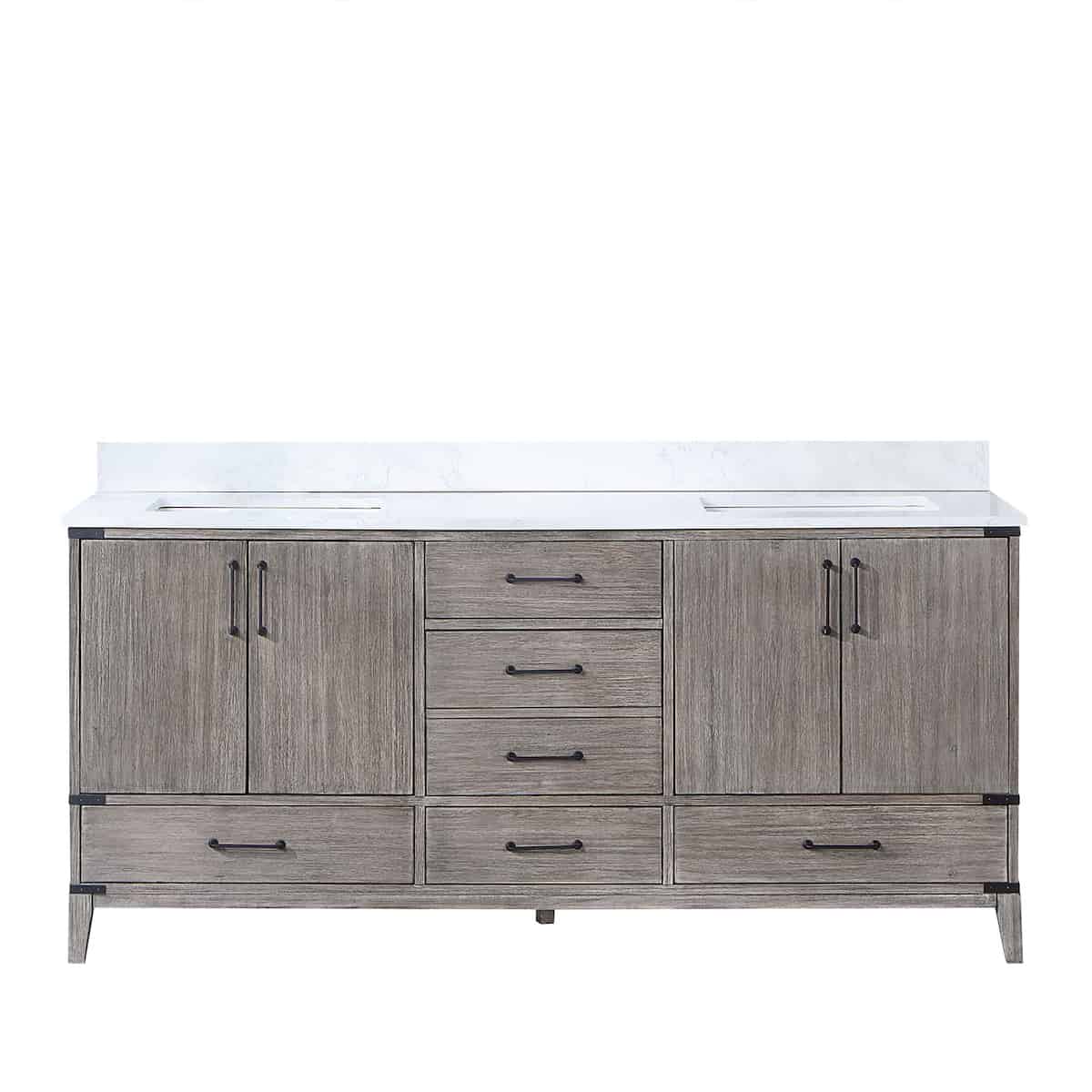 Vinnova Zaragoza 72 Inch Freestanding Double Sink Bath Vanity in Classical Grey With White Composite Grain Stone Countertop Without Mirror 799072-CR-GW-NM