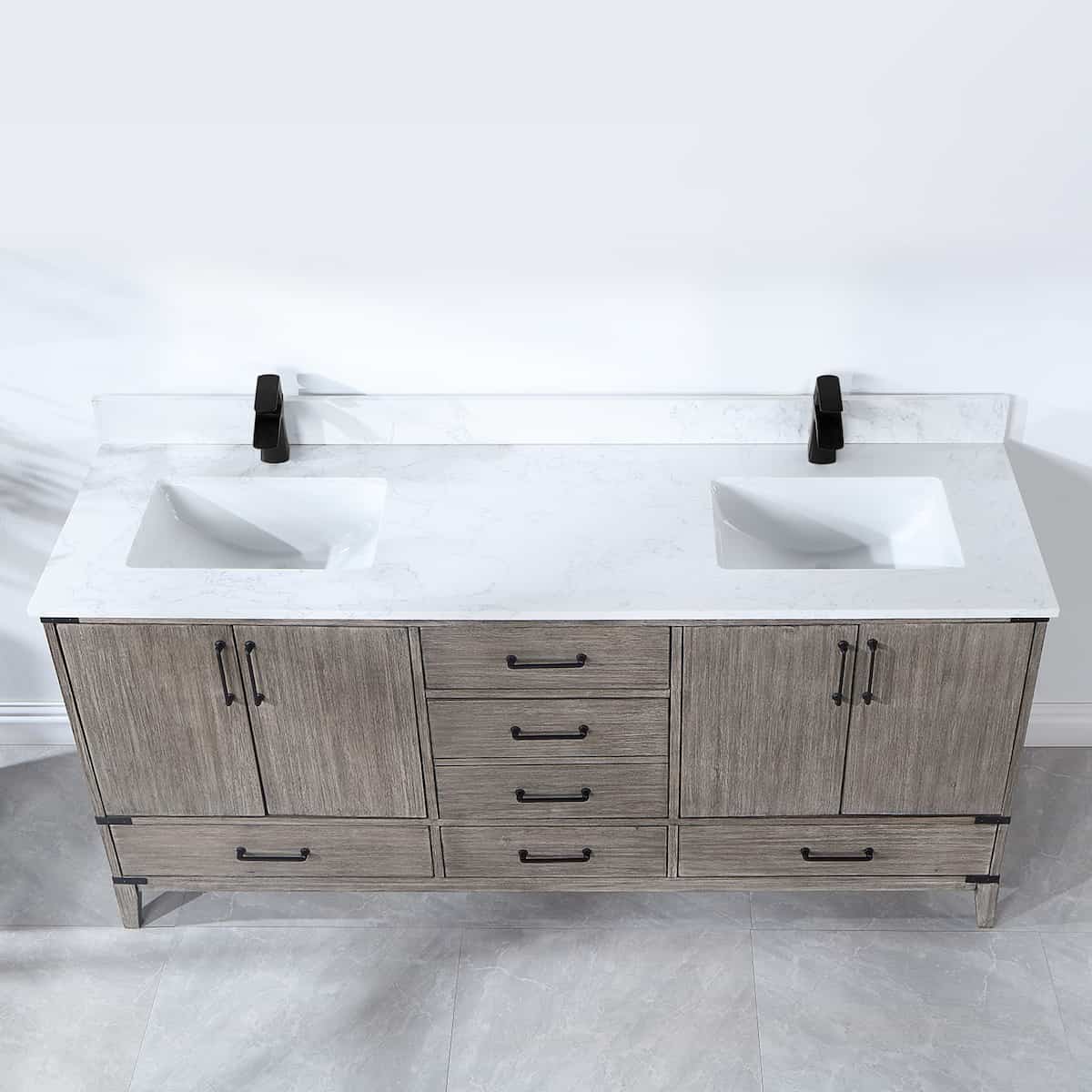 Vinnova Zaragoza 72 Inch Freestanding Double Sink Bath Vanity in Classical Grey With White Composite Grain Stone Countertop Without Mirror Counter 799072-CR-GW-NM