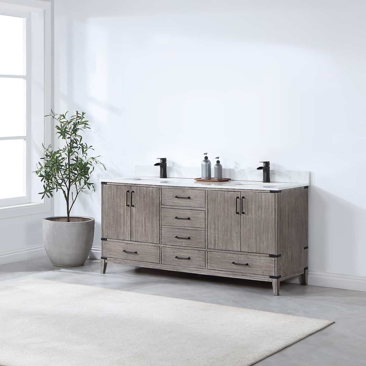 Vinnova Zaragoza 72 Inch Freestanding Double Sink Bath Vanity in Classical Grey With White Composite Grain Stone Countertop Without Mirror Side 799072-CR-GW-NM