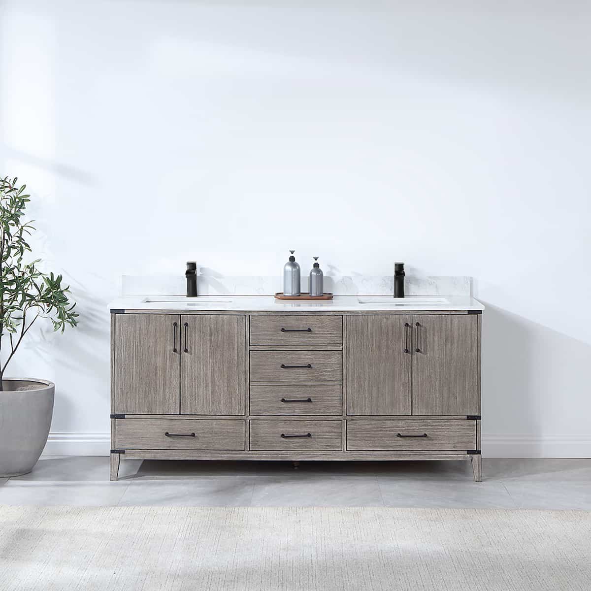 Vinnova Zaragoza 72 Inch Freestanding Double Sink Bath Vanity in Classical Grey With White Composite Grain Stone Countertop Without Mirror in Bathroom 799072-CR-GW-NM