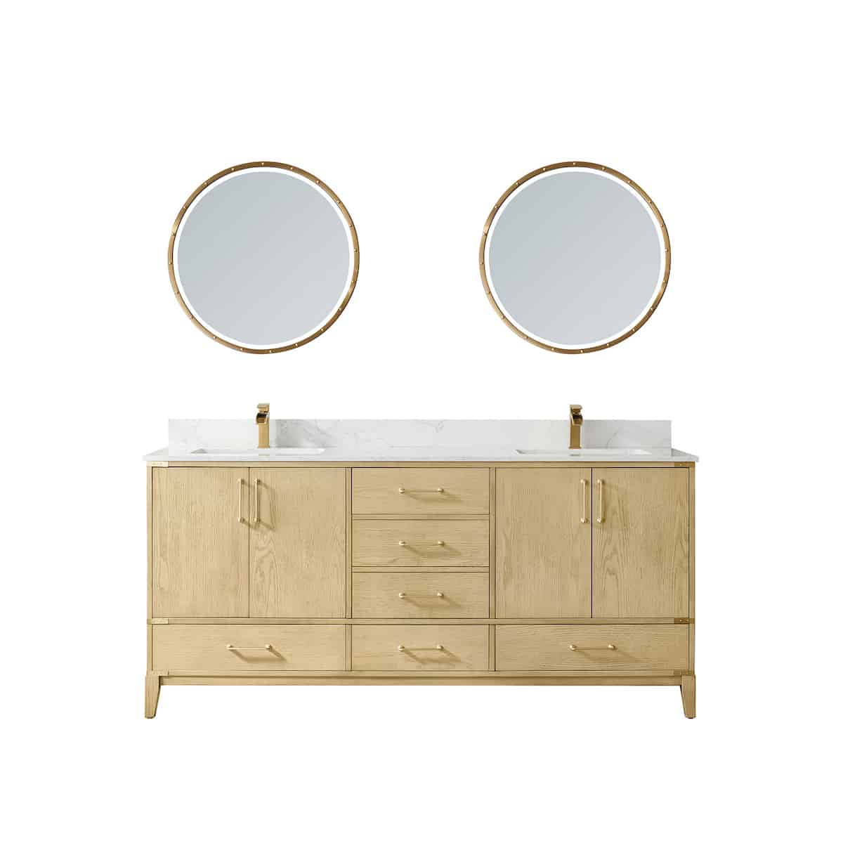 Vinnova Zaragoza 72 Inch Freestanding Double Vanity in Washed Ash with White Composite Grain Stone Countertop With Mirrors 799072-WA-GW