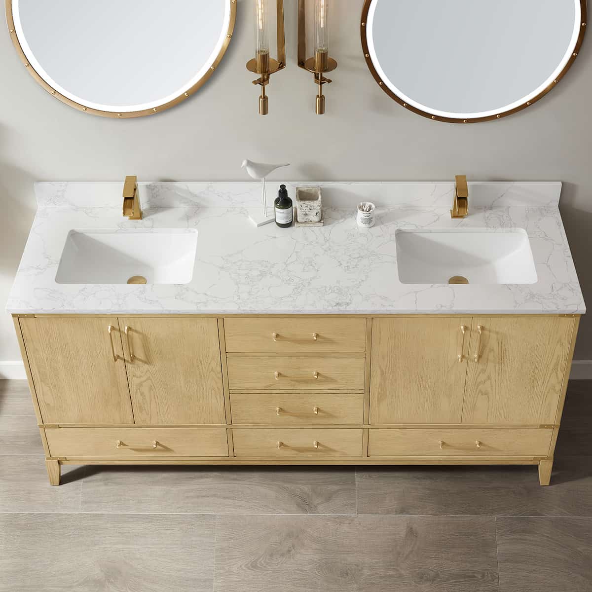 Vinnova Zaragoza 72 Inch Freestanding Double Vanity in Washed Ash with White Composite Grain Stone Countertop With Mirrors Counter Top 799072-WA-GW