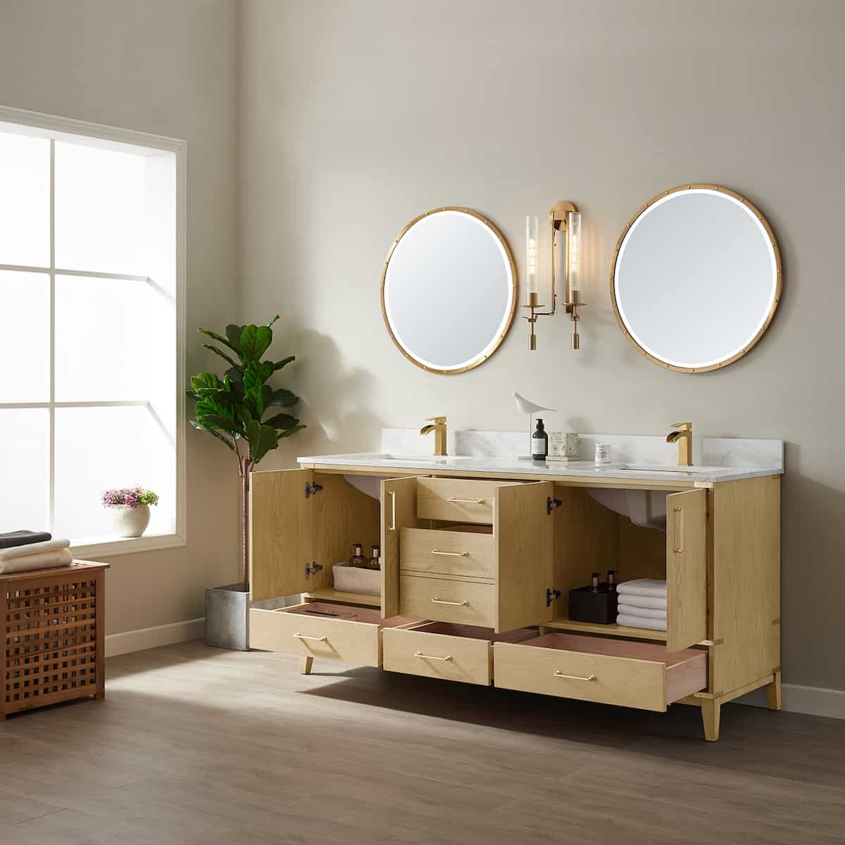 Vinnova Zaragoza 72 Inch Freestanding Double Vanity in Washed Ash with White Composite Grain Stone Countertop With Mirrors Inside 799072-WA-GW