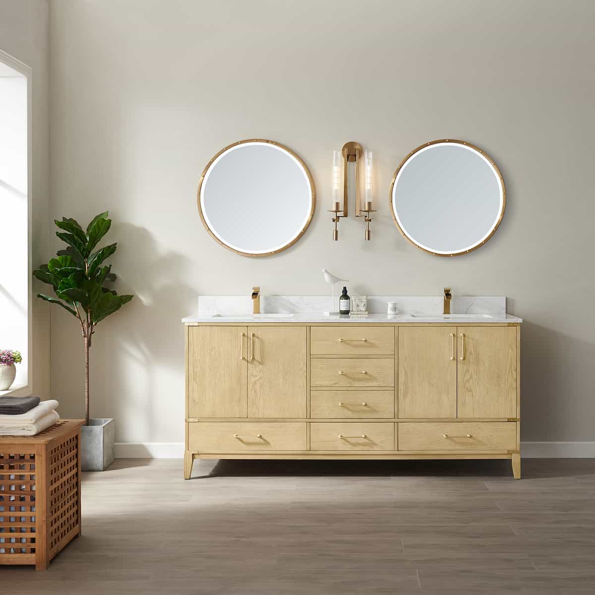 Vinnova Zaragoza 72 Inch Freestanding Double Vanity in Washed Ash with White Composite Grain Stone Countertop With Mirrors in Bathroom 799072-WA-GW