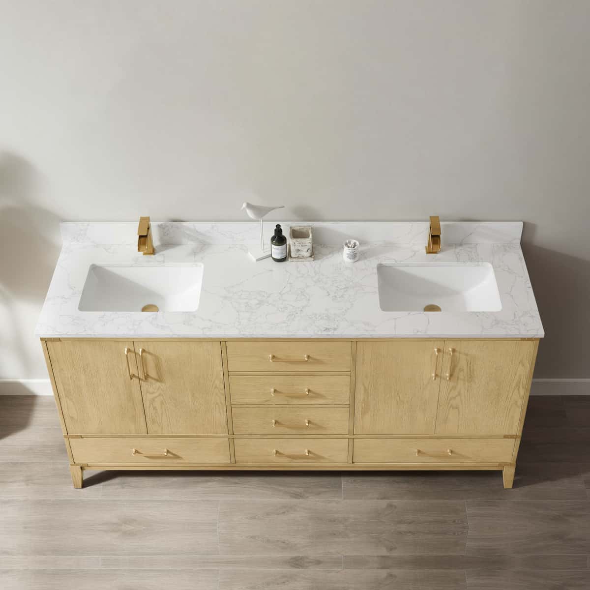 Vinnova Zaragoza 72 Inch Freestanding Double Vanity in Washed Ash with White Composite Grain Stone Countertop Without Mirrors Counter 799072-WA-GW-NM