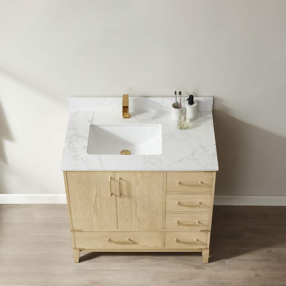 Vinosa Zaragoza 36 Inch Freestanding Single Vanity in Washed Ash with White Composite Grain Stone Countertop Without Mirror Counter 799036-WA-GW-NM