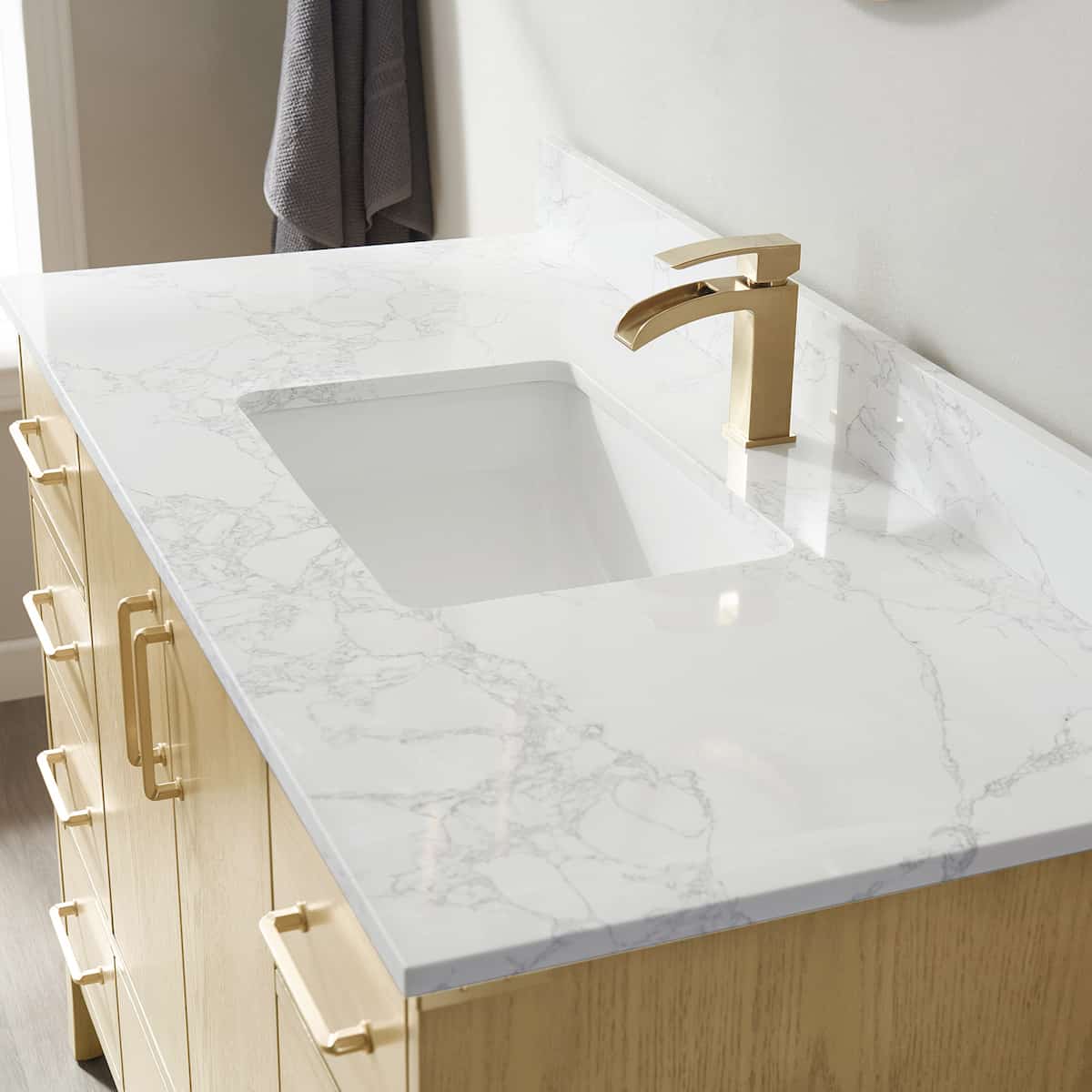 Vinosa Zaragoza 48 Inch Freestanding Single Vanity in Washed Ash with White Composite Grain Stone Countertop With Mirror Sink 799048-WA-GW