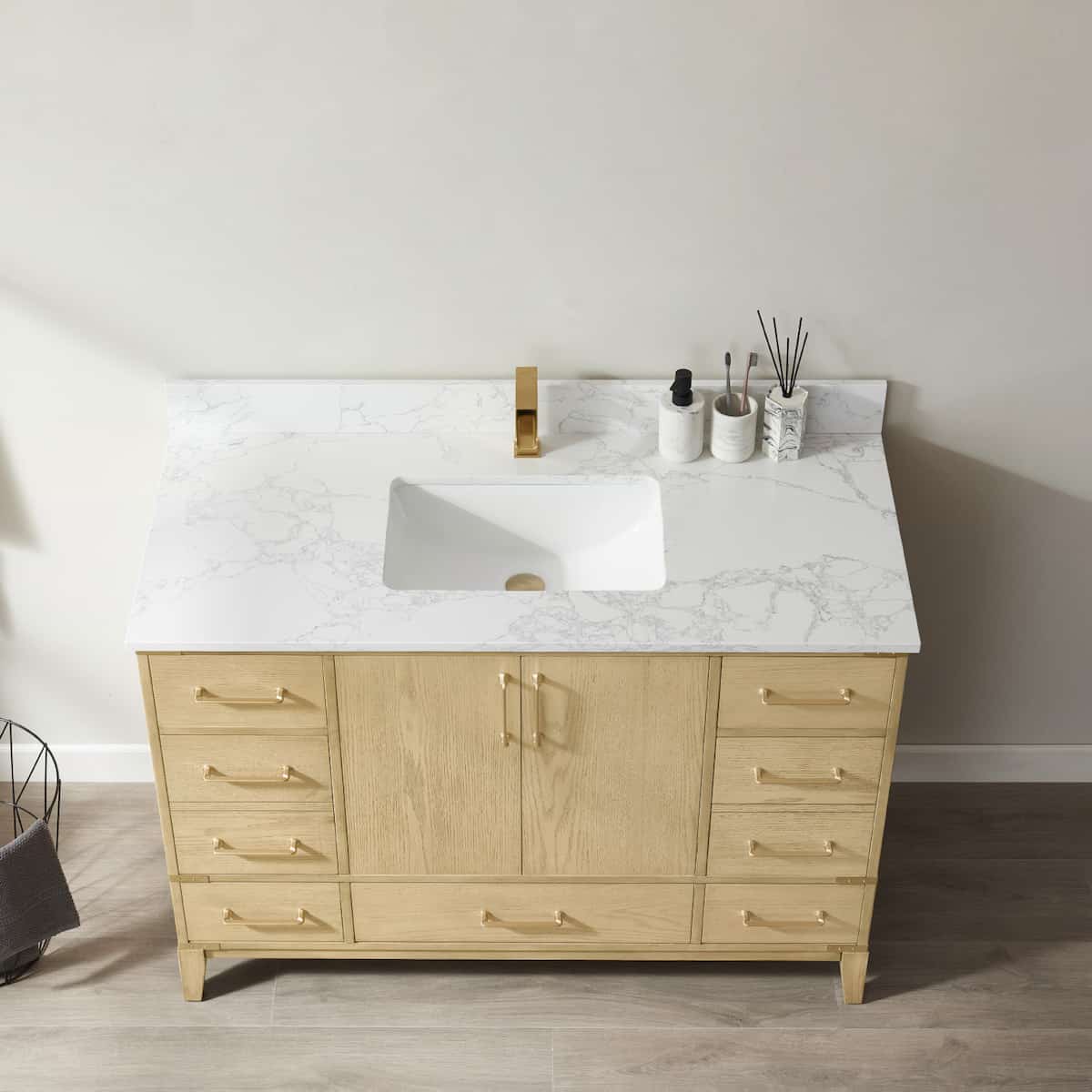 Vinosa Zaragoza 48 Inch Freestanding Single Vanity in Washed Ash with White Composite Grain Stone Countertop Without Mirror Counter 799048-WA-GW-NM