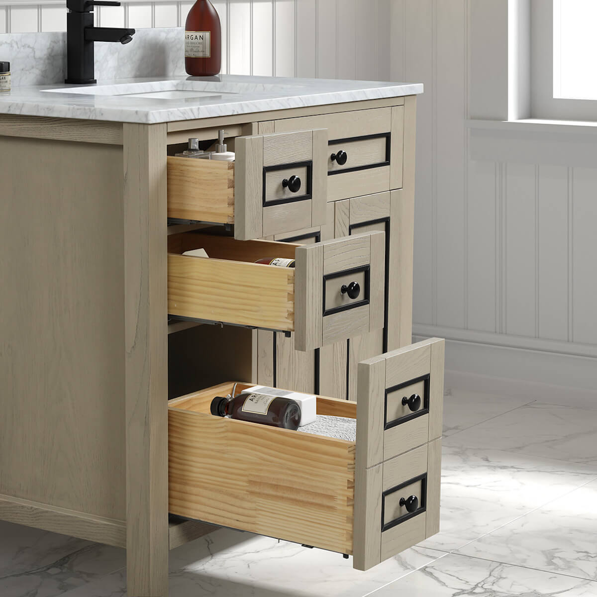 Legion Furniture 36" Light Oak Finish Single Sink Vanity Cabinet with Carrara White Top in Bathroom Dovetails WV2236-O