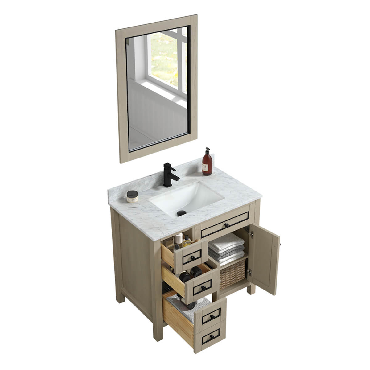 Legion Furniture 36" Light Oak Finish Single Sink Vanity Cabinet with Carrara White Top Inside WV2236-O