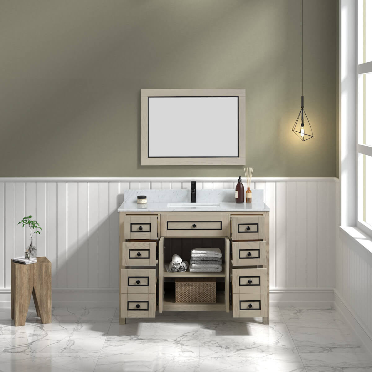 Legion Furniture 48" Light Oak Finish Single Sink Vanity Cabinet with Carrara White Top in Bathroom Inside WV2248-O