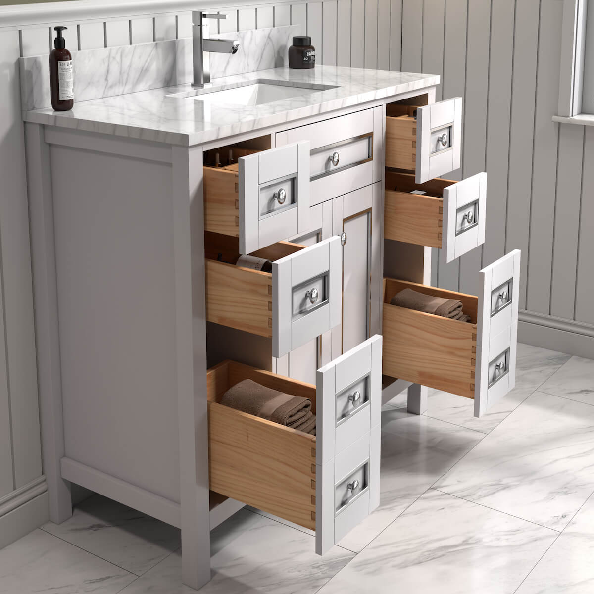 Legion Furniture 48" White Finish Single Sink Vanity Cabinet with Carrara White Top in Bathroom Dovetails WV2248-W