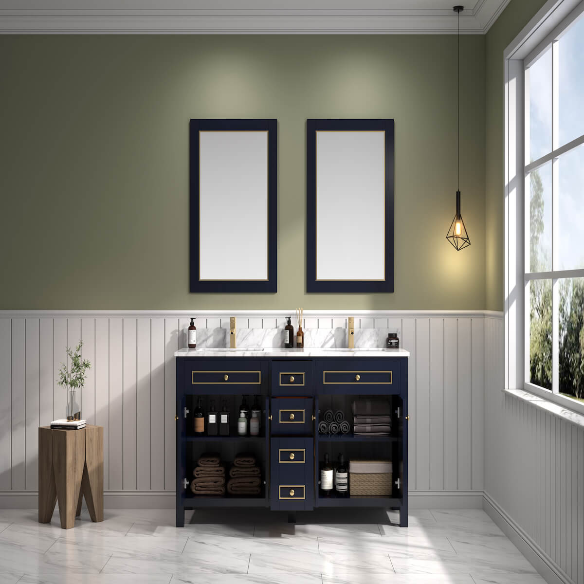 Legion Furniture 60" Blue Finish Double Sink Vanity Cabinet with Carrara White Top in Bathroom Inside WV2260-B