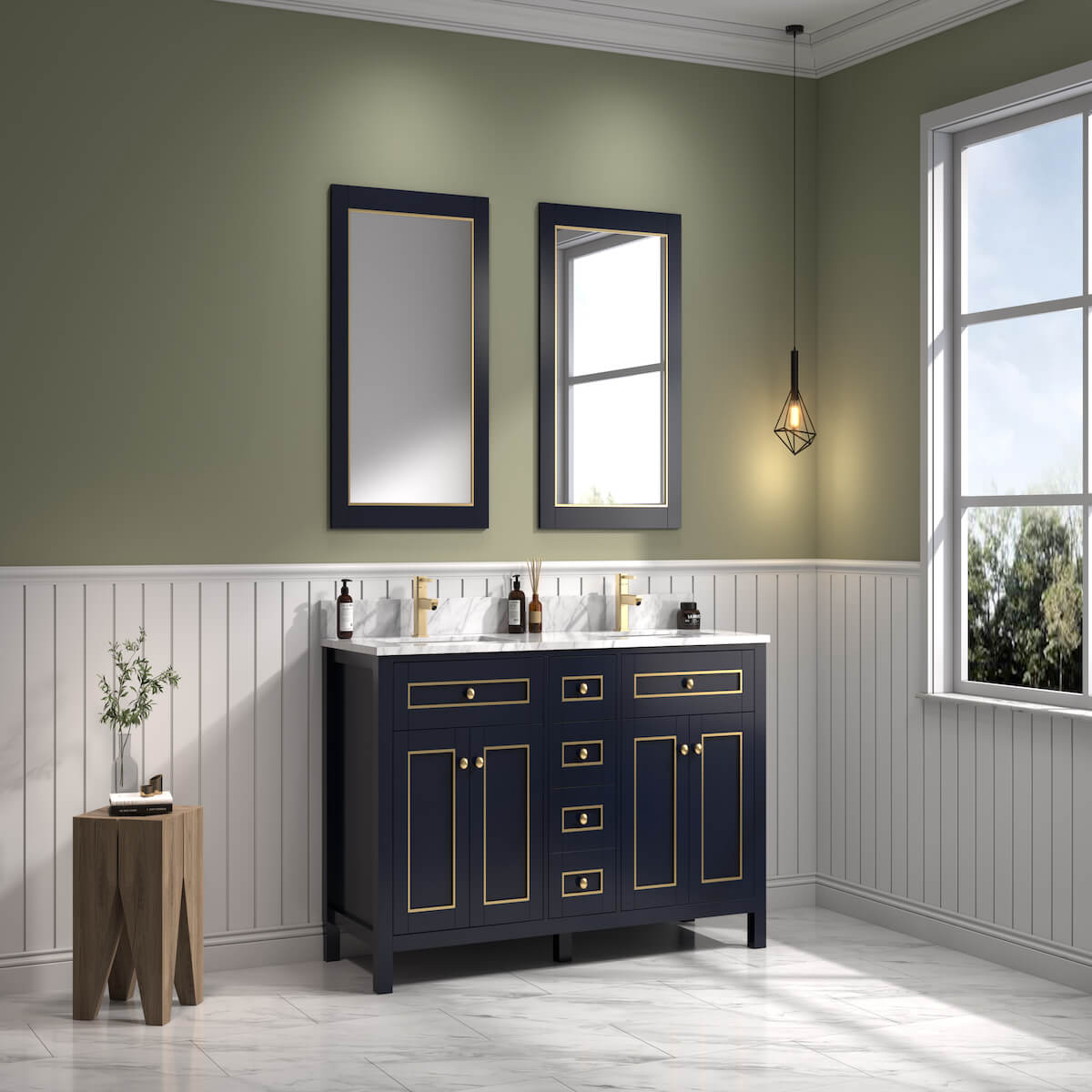 Legion Furniture 60" Blue Finish Double Sink Vanity Cabinet with Carrara White Top in Bathroom Side WV2260-B