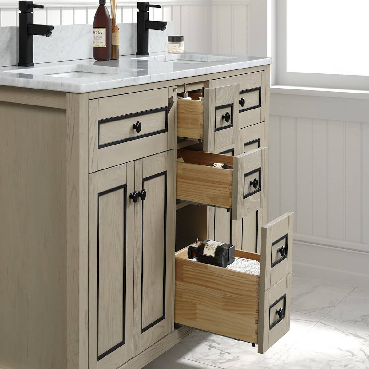 Legion Furniture 60" Light Oak Finish Double Sink Vanity Cabinet with Carrara White Top in Bathroom Dovetails WV2260-O