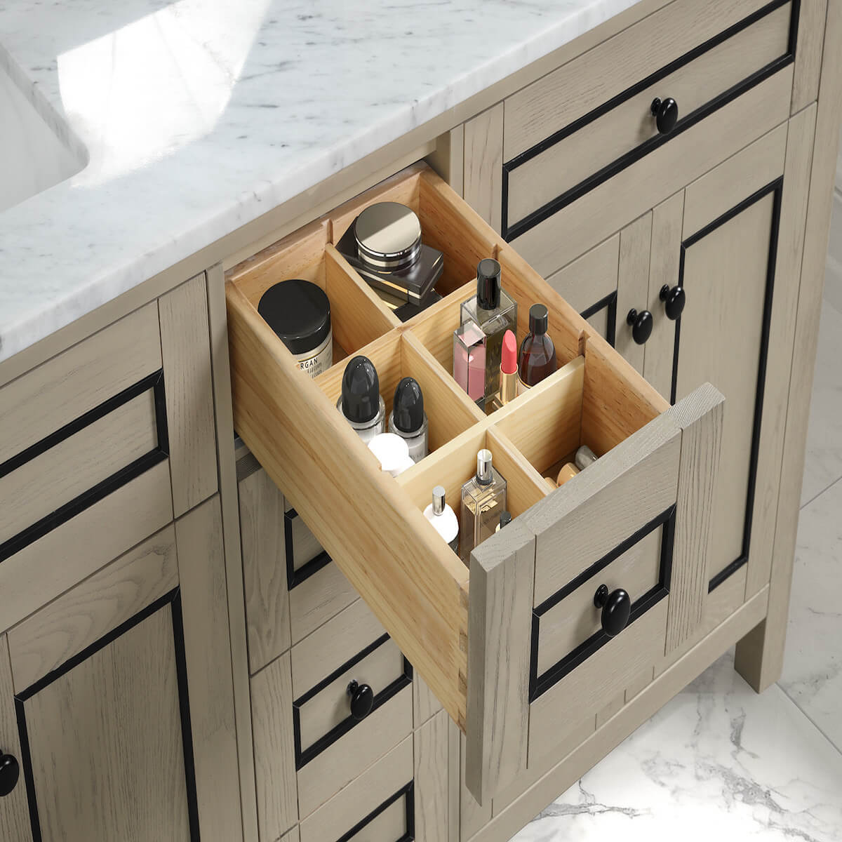 Legion Furniture 60" Light Oak Finish Double Sink Vanity Cabinet with Carrara White Top in Bathroom Inside Drawer WV2260-O