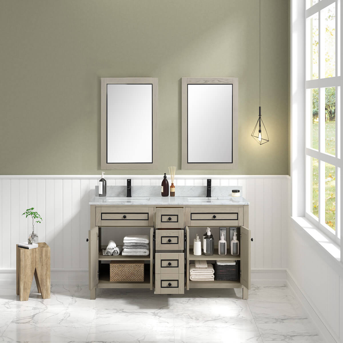 Legion Furniture 60" Light Oak Finish Double Sink Vanity Cabinet with Carrara White Top in Bathroom Inside WV2260-O
