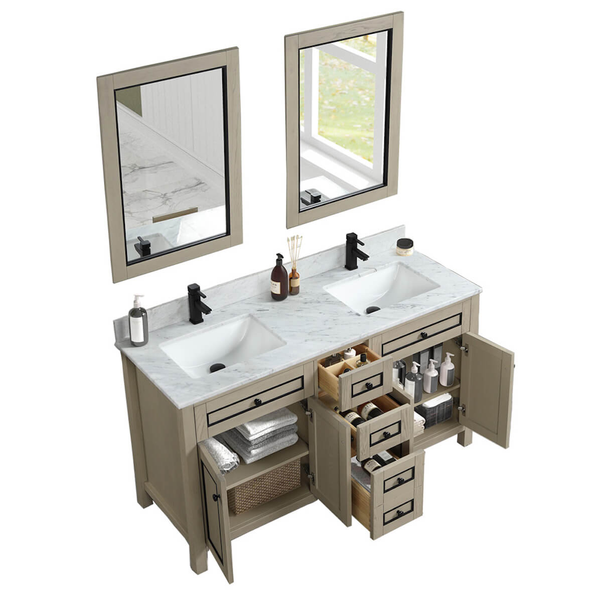 Legion Furniture 60" Light Oak Finish Double Sink Vanity Cabinet with Carrara White Top Open Cabinets and Drawers WV2260-O