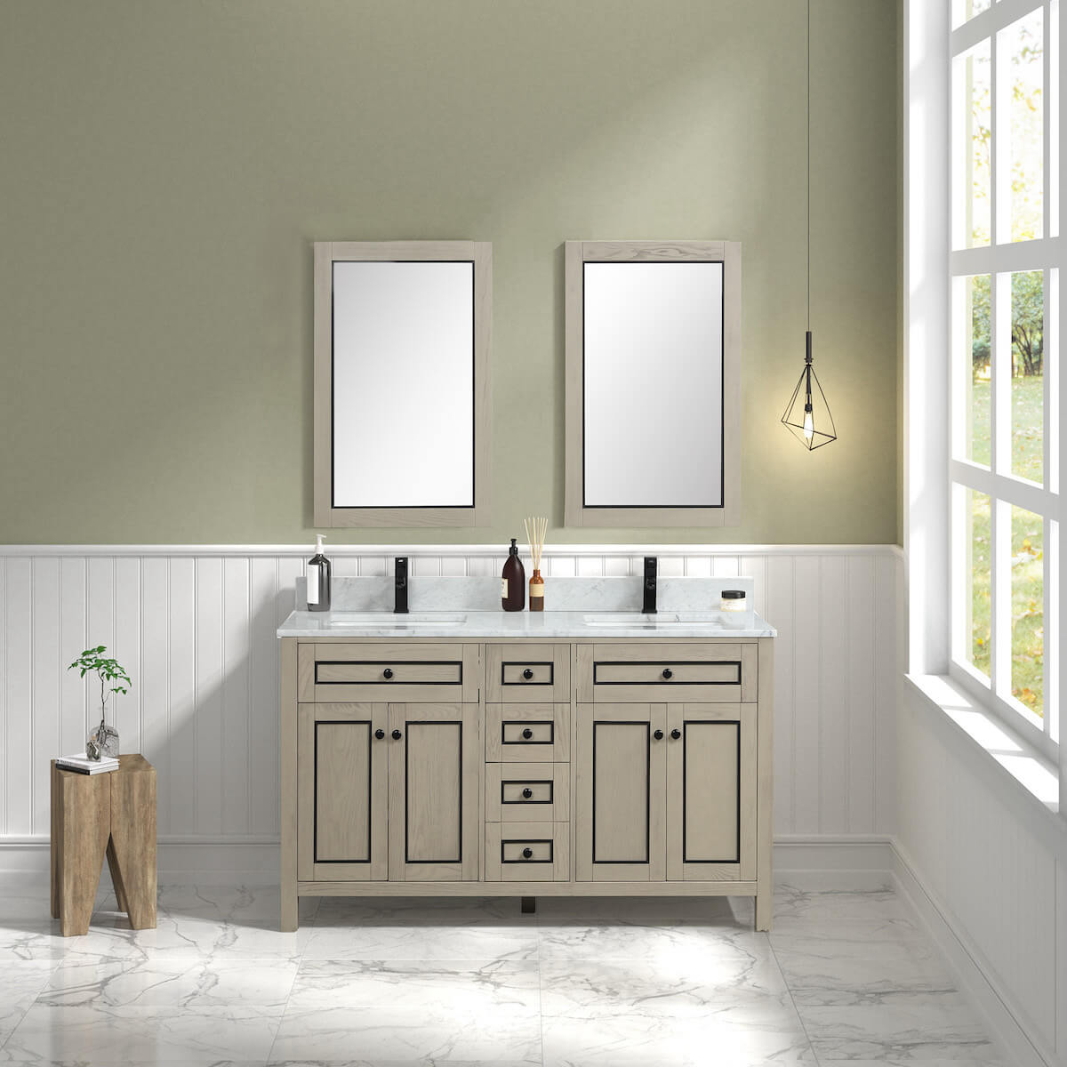 Legion Furniture 60" Light Oak Finish Double Sink Vanity Cabinet with Carrara White Top in Bathroom WV2260-O