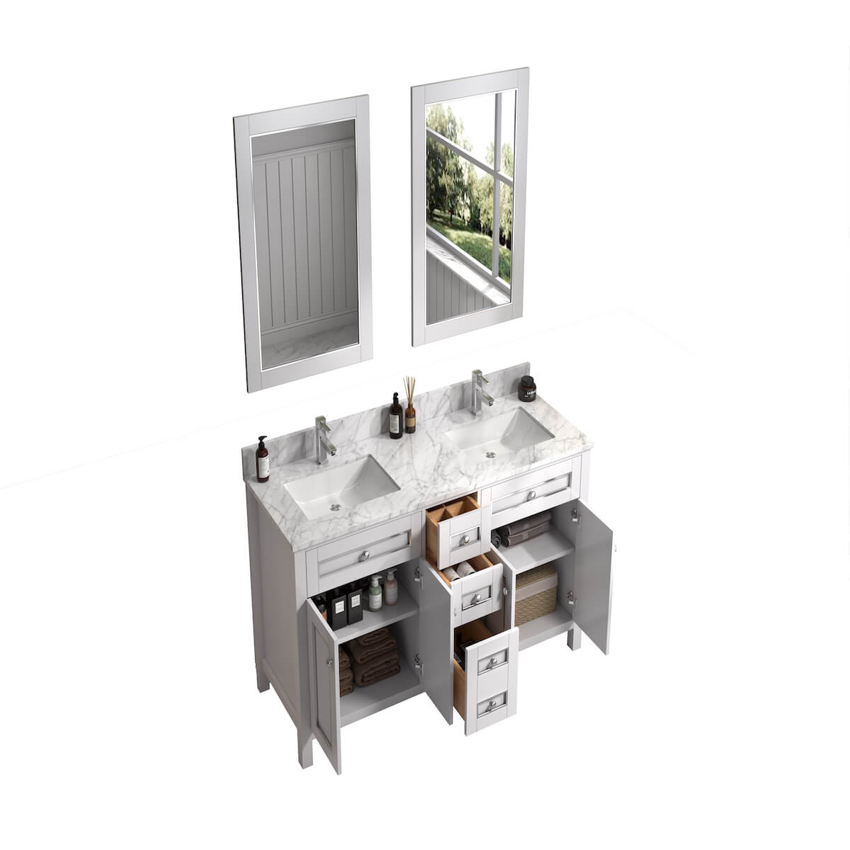 Legion Furniture 60" White Finish Double Sink Vanity Cabinet with Carrara White Top Open Cabinets and Drawers WV2260-W