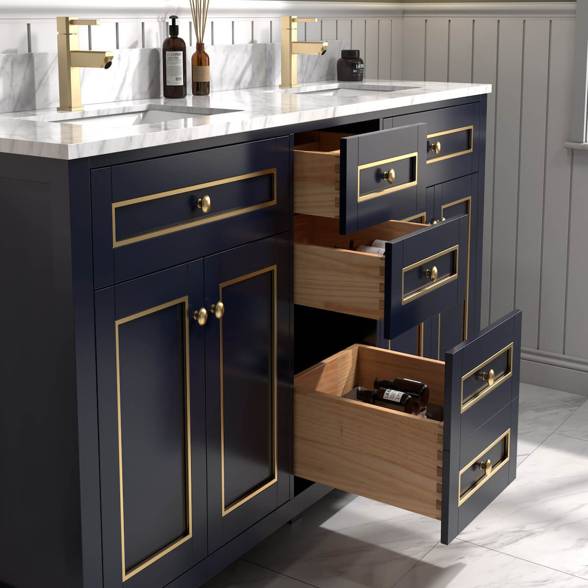 Legion Furniture 72" Blue Finish Double Sink Vanity Cabinet with Carrara White Top In Bathroom Dovetails WV2272-B